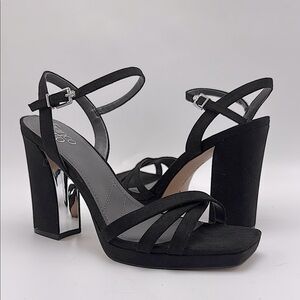 Franco Sarto Sandals Black Ankle Strap Sparkly Open Toe Block Heel 9 glitter